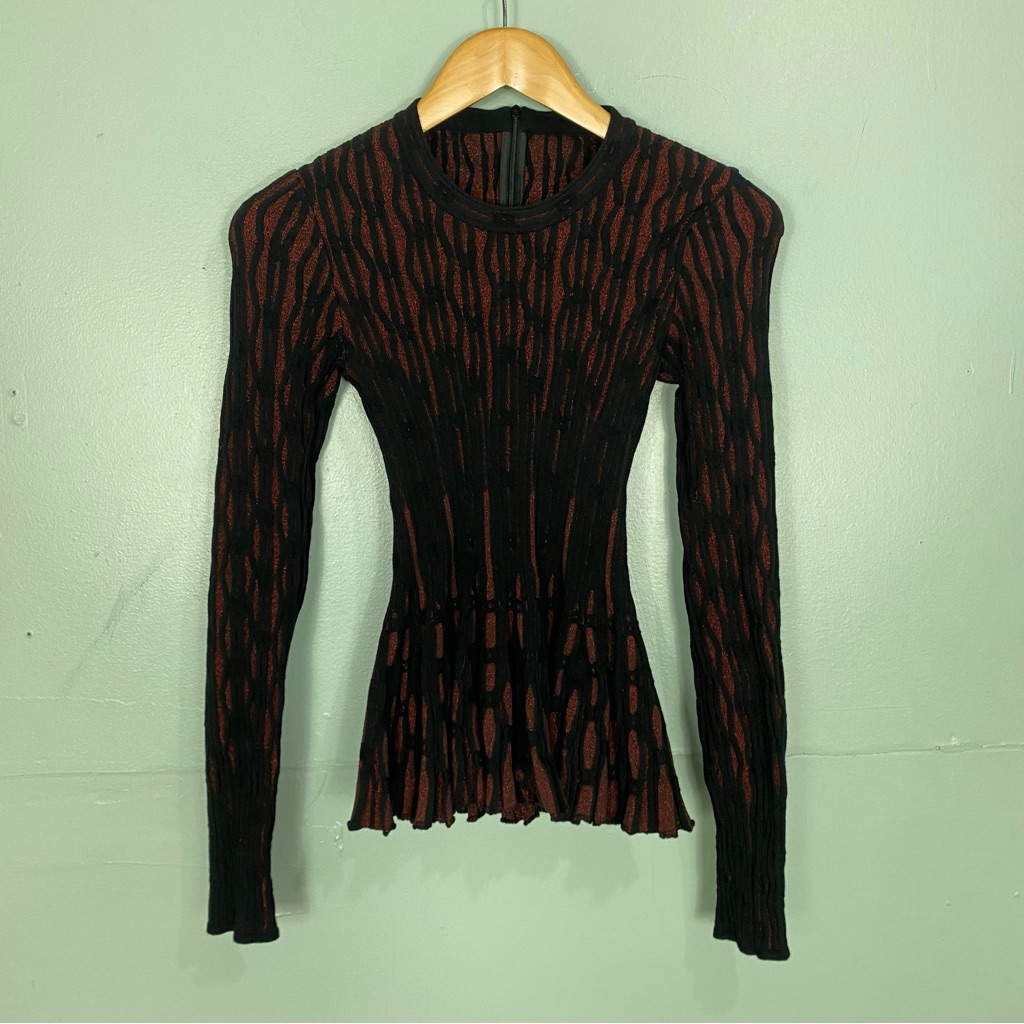 Alaia Textured Black Red Glitter Peplum Top Long Sleeve Wool Blend Sz 40